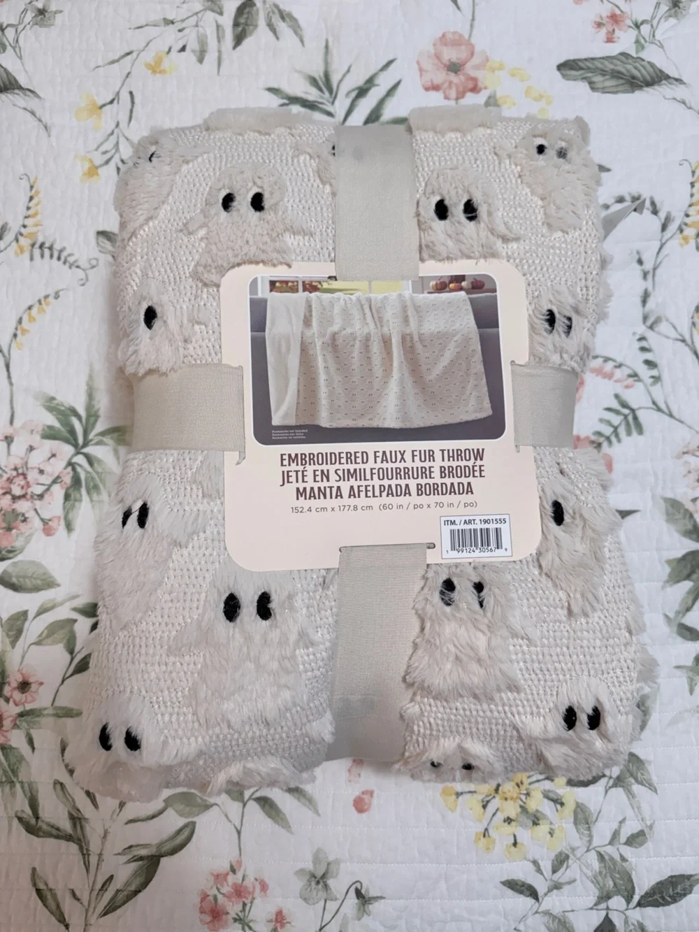 Embroidered Faux Fur Throw Blanket - Cream